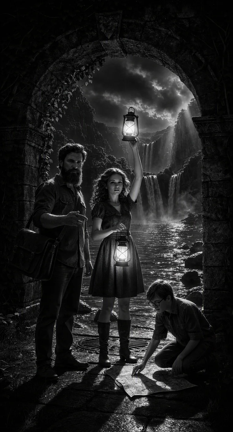 The same three-character cast rendered in Film Noir style