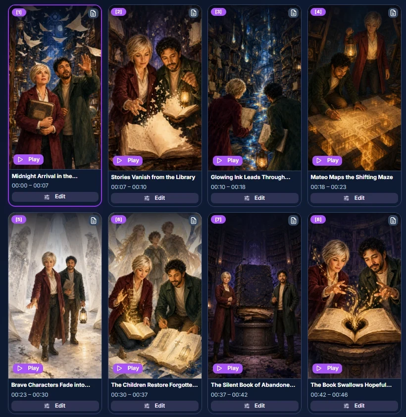 CosmosBites storyboard editor showing eight scene cards with play and edit controls
